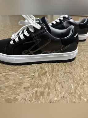 Karl Lagerfeld Black Leather Low-Top Sneakers with White Soles